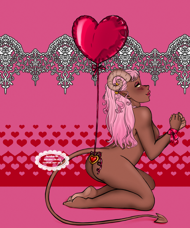 Character name: Sorbet. Sorbet has brown skin and long pink hair, curly horns growing out of her head, her eyes green. She has a long tail that ends in an arrow tip. She's on her knees, looking over her shoulder, a slight smile on her lips. A heart shaped baloon is tied to a heart-shaped buttplug, her wrists tied with a pink ribbon.